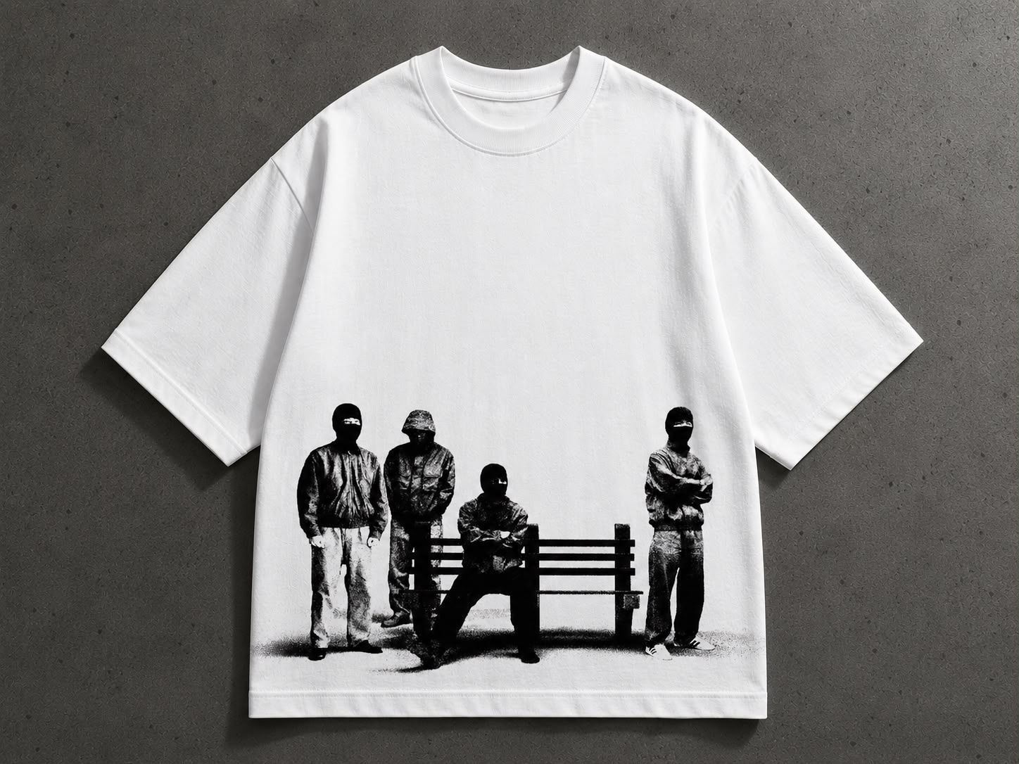 Shadow Syndicate white oversized tee with monochrome masked figures graphic