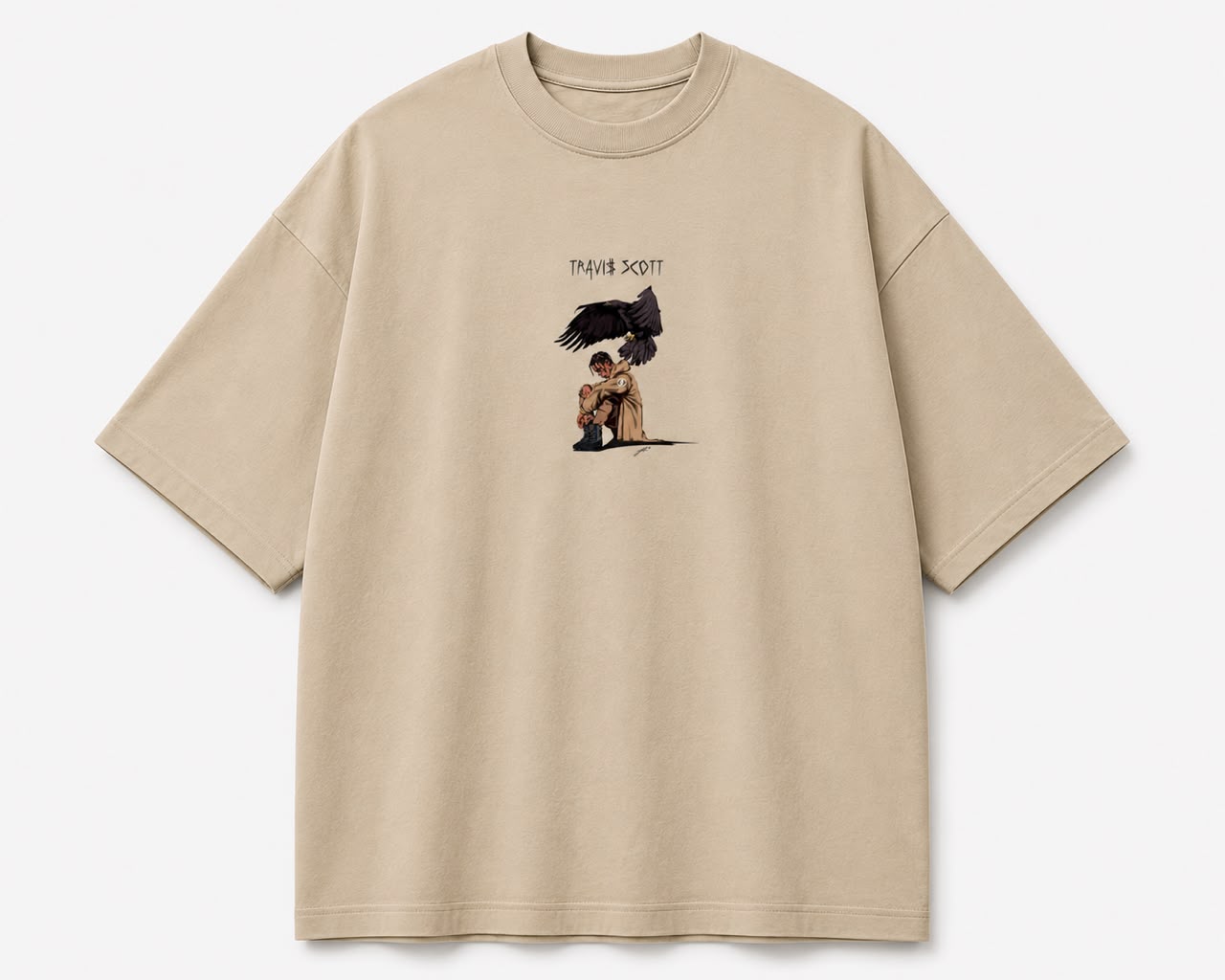 Travis Scott Raven oversized tee in off white and beige with raven graphic print, view 2