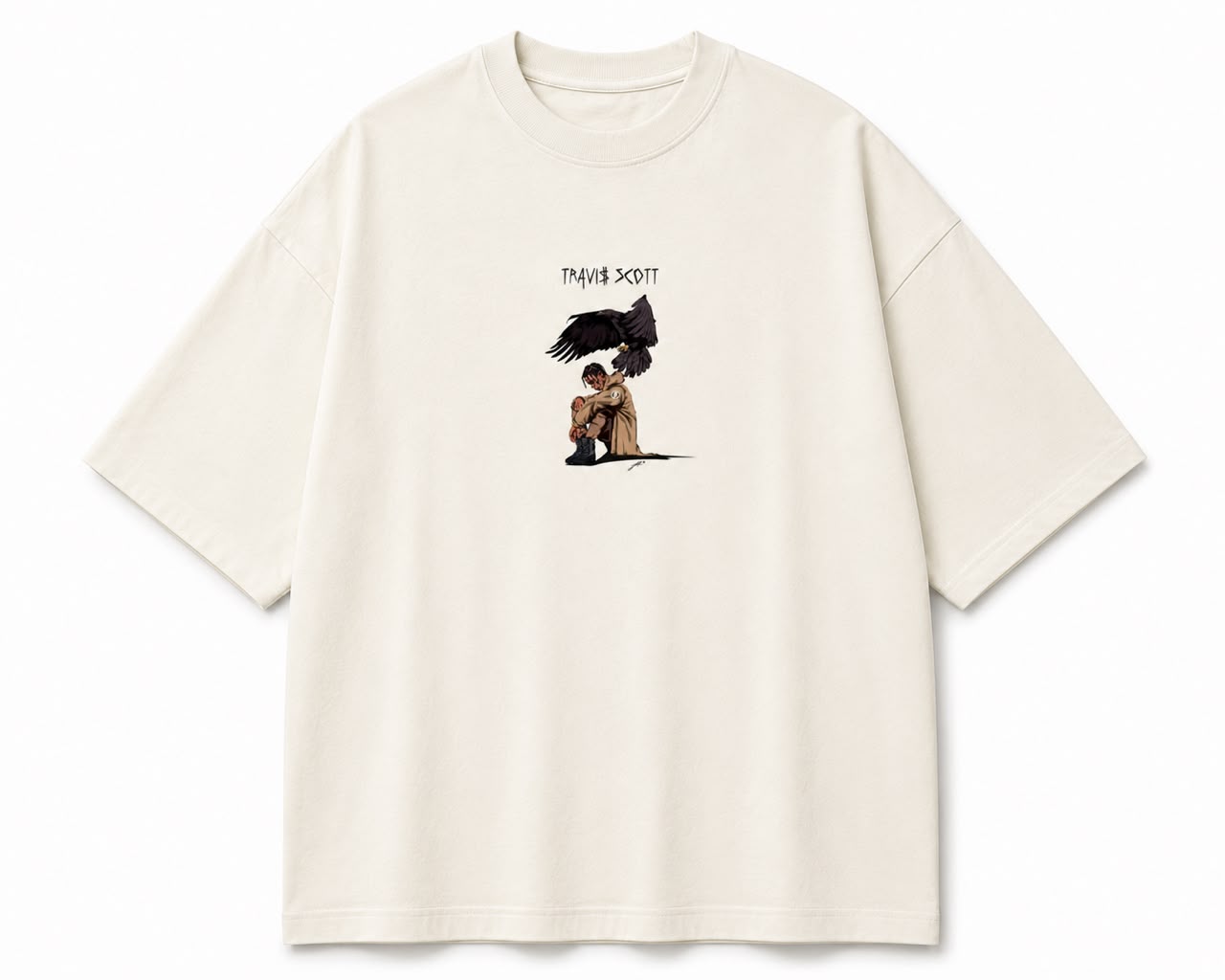 Travis Scott Raven oversized tee in off white and beige with raven graphic print