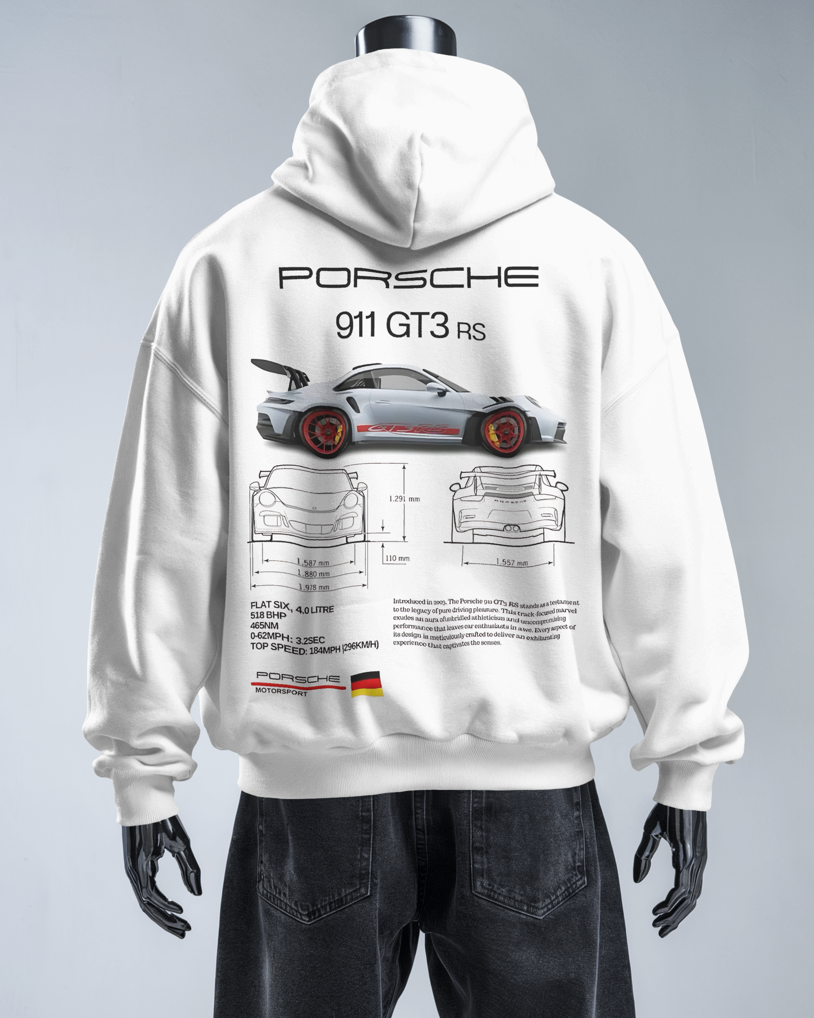 Porsche 911 GT3 RS hoodie with precision car graphic print