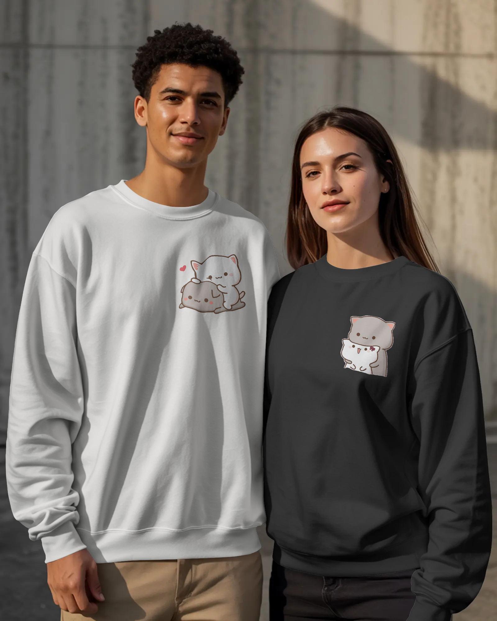 Perfect Together matching couple sweatshirts with cuddling cats print