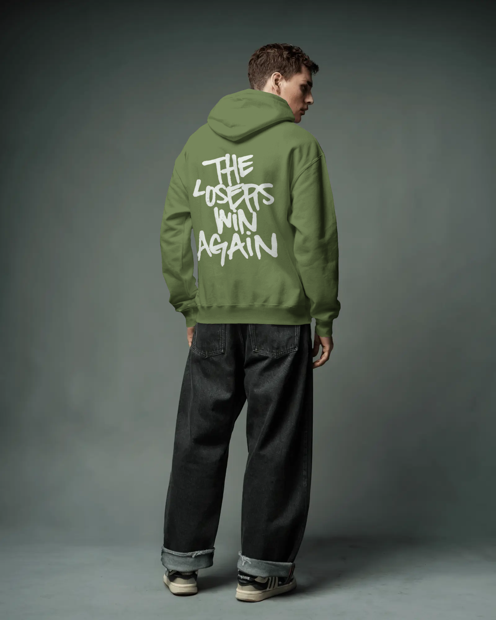 The Losers Win Again olive hoodie with statement print