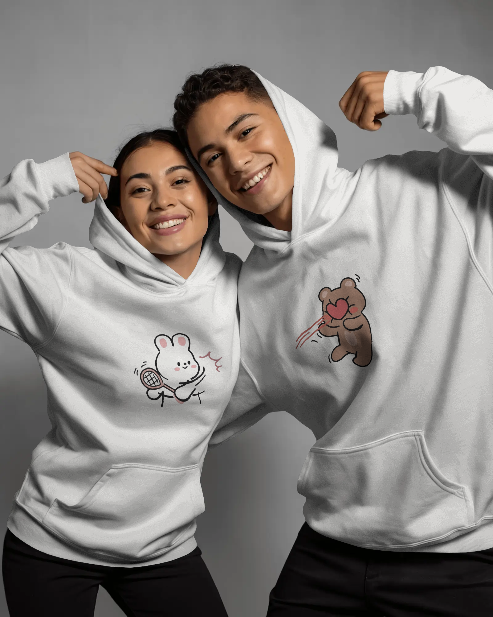 You Hit My Heart matching couple hoodies with bunny and bear love print