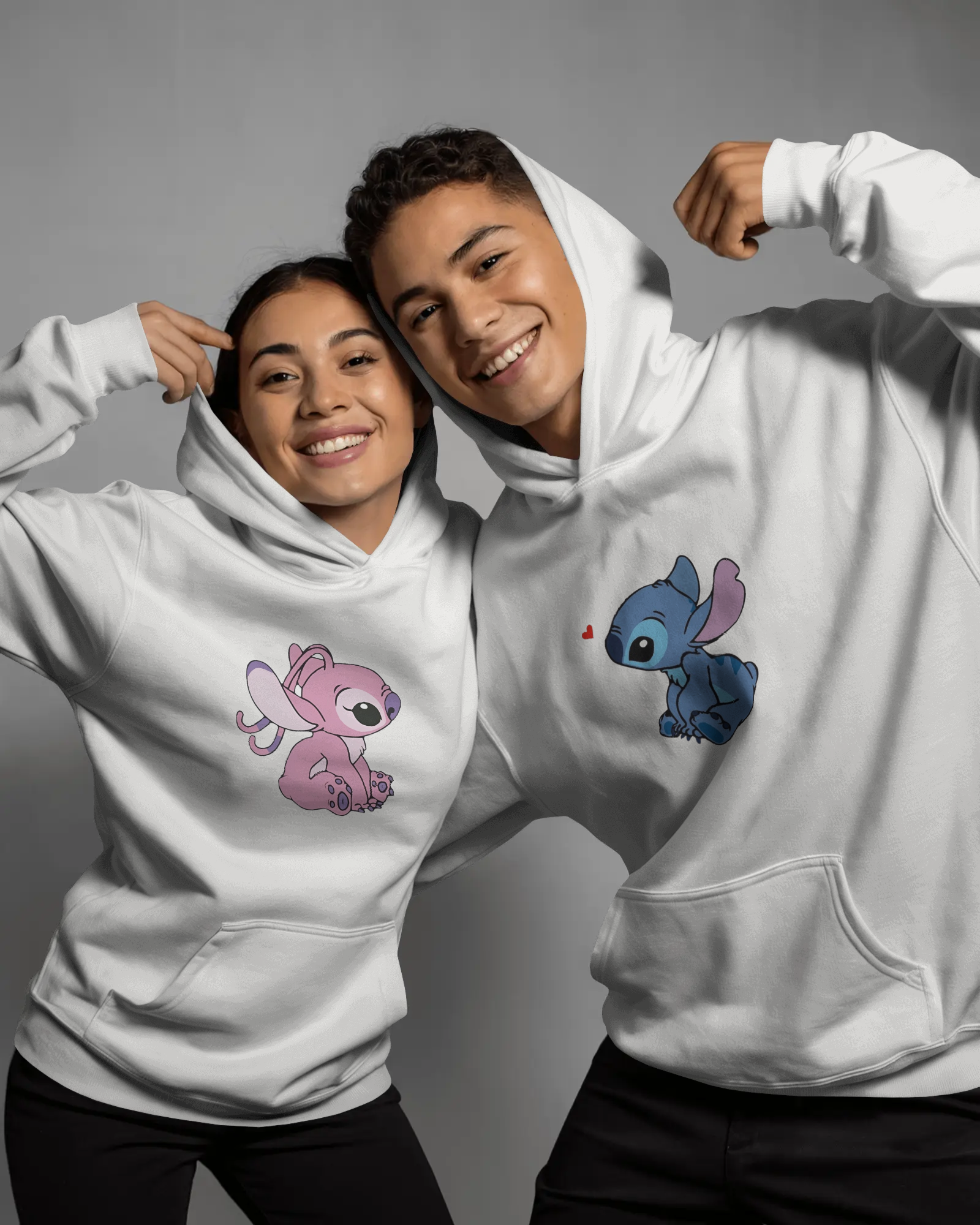 Cosmic Cuties matching couple hoodies in off white and black with alien duo print