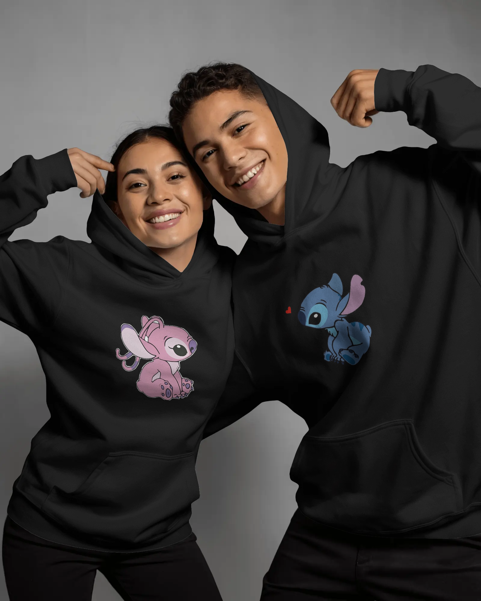 Cosmic Cuties matching couple hoodies in off white and black with alien duo print, view 2