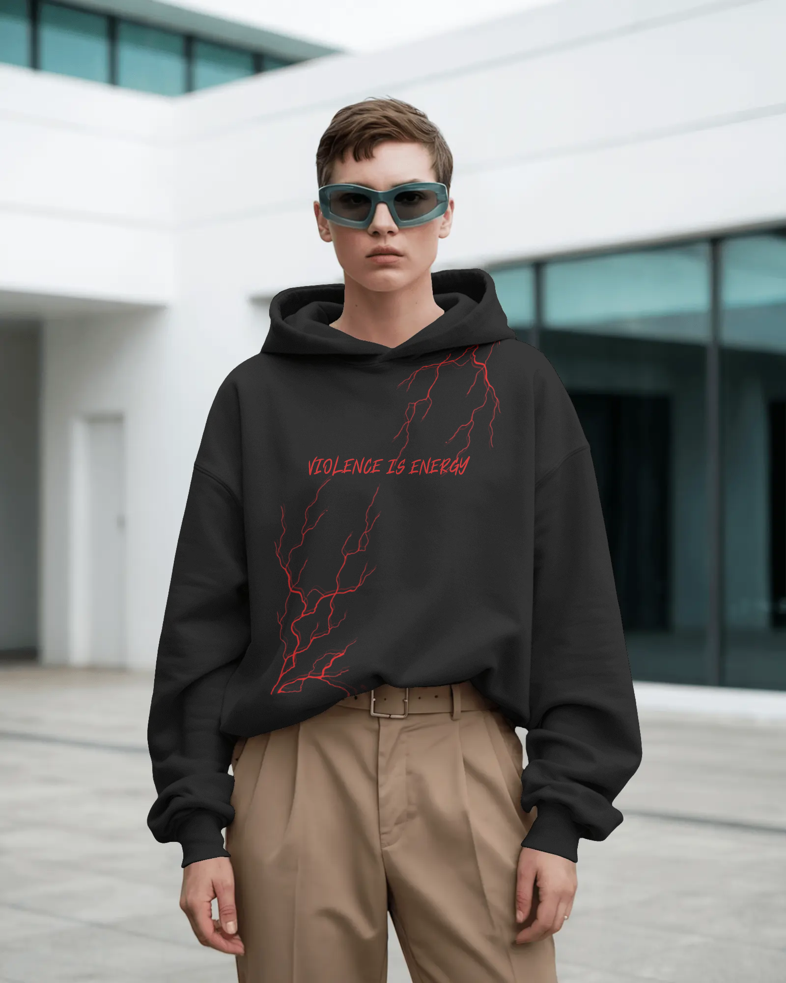 Violence is Energy black hoodie with bold graphic print
