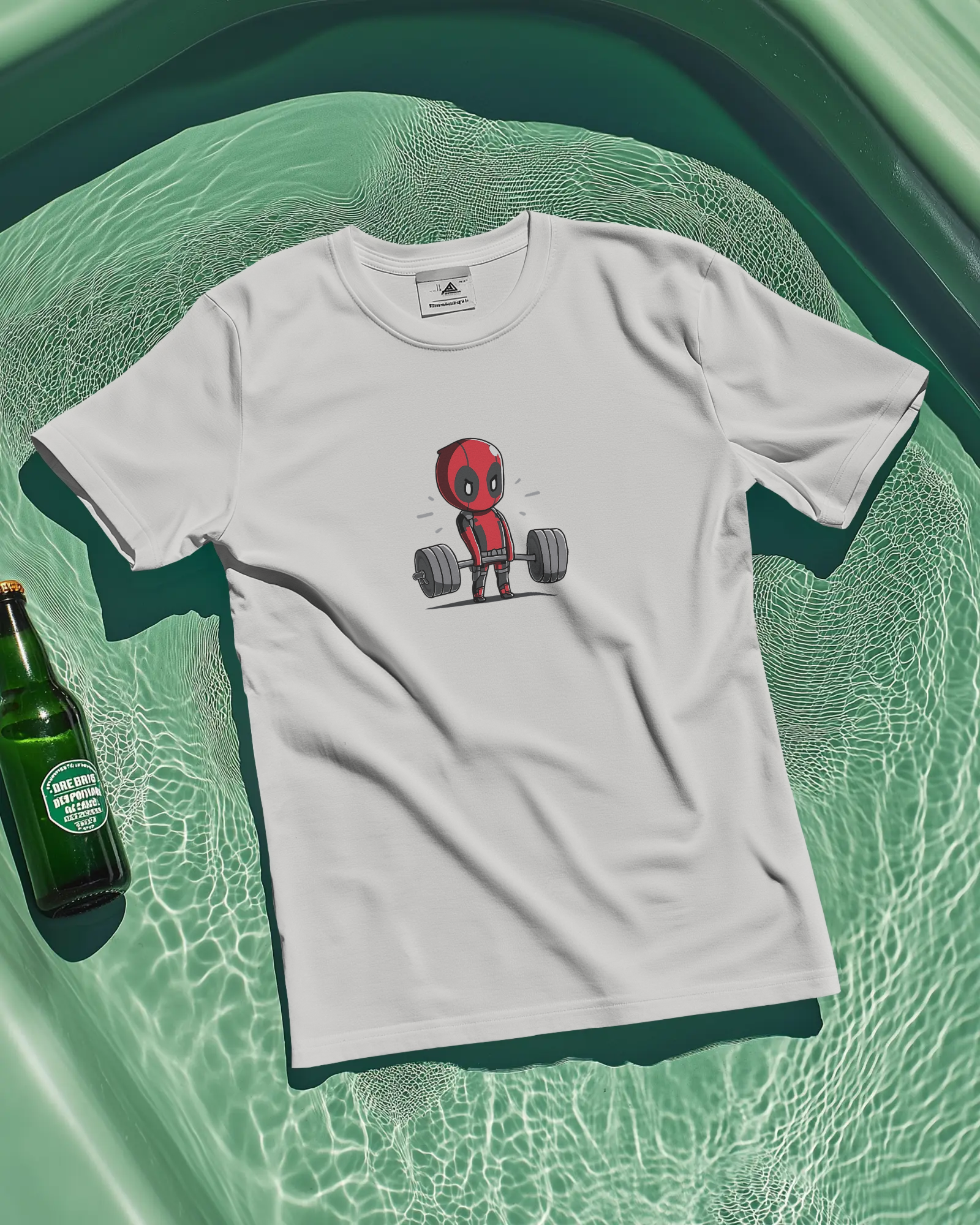 Deadpool Lifting gym t-shirt in black beige and lavender with lifting graphic, view 3