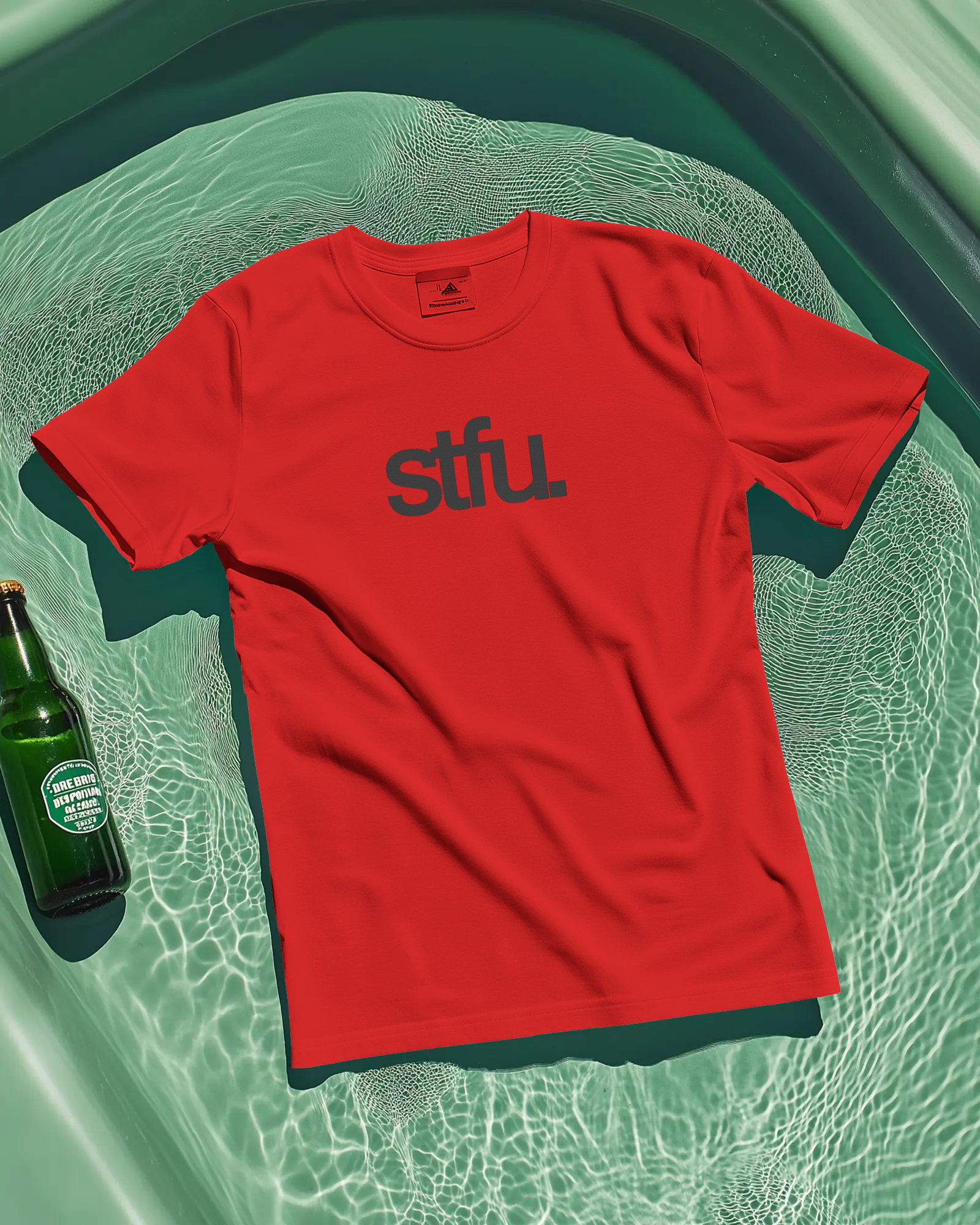 STFU t-shirt in off white red and olive with typography print, view 2